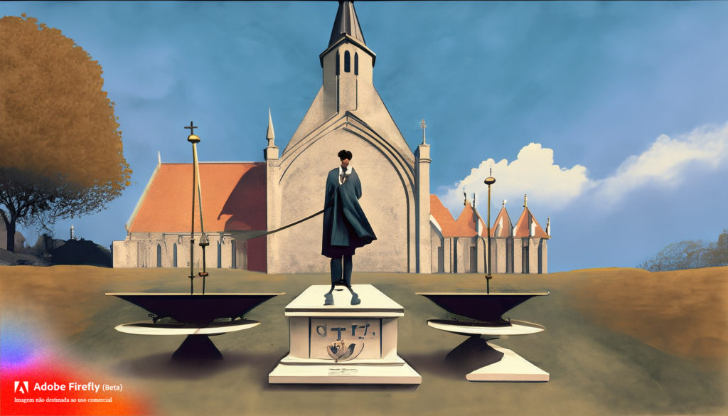 realistc image of Søren Aabye Kierkegaard infront holding a balance