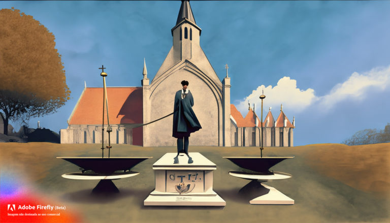 realistc image of Søren Aabye Kierkegaard infront holding a balance