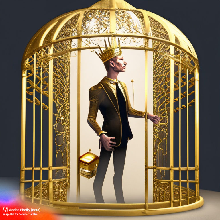 Firefly man being crowned inside a golden cage with open door 40324