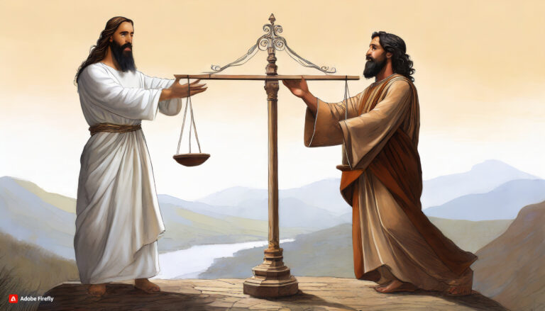 Barrabás e Jesus segurando uma balança